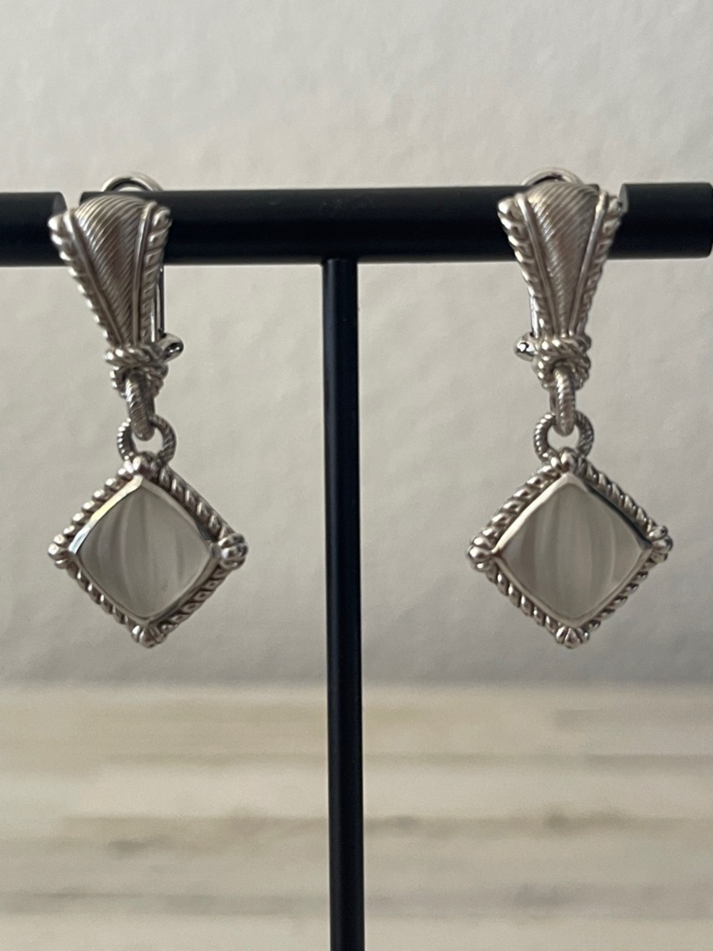 Rare Judith Ripka Sterling Silver Sandblasted Glass Drop Earrings
